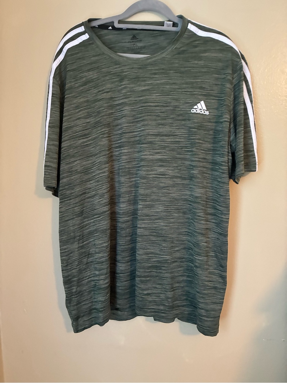 Adidas Men’s Green Heather Performance Tee with 3-Stripes